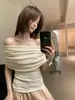Hers Doce Verão Feminino Estilo Francês Suave Camada Camada Emagrecedor Ombro a Ombro Manga Curta Malha Top 08218
