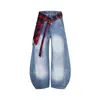 Jeans Masculino Xadrez Desconstruído Lavado High Street Americano Verão 2025 Novo Cleanfit Calça de Perna Larga Scimitar