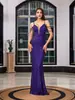 Nuevo Vestido de Fiesta de Noche Morado Estilo Europeo y Americano con Lentejuelas Onduladas en Forma de V, sin Tirantes, con Cuentas en la Espalda, Ajustado, Estilo Sirena