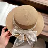 Sombrero de Rafia de Ala Plana con Cordones y Lazo para Mujer, Sombrero de Sol para Proteger del Sol en Vacaciones de Verano en la Playa