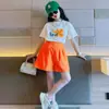 Conjunto Casual para Meninas Verão Infantil Camiseta Reta Shorts de Manga Curta Conjunto de Duas Peças para Meninas Estilo Coreano Tendência Solta