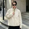 Jaqueta curta estilo americano, caimento solto, ombros retos, gola alta, com zíper, para mulheres, leve e modeladora, top casual feminino, jaqueta de trabalho moderna