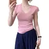 Camiseta de punto morada con cuello en U de seda helada, manga corta, para mujer, de verano, fina, ajustada, adelgazante, con manga acampanada, top elegante de alta gama