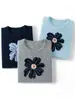 Suéter de Caxemira com Bordado de Flores Luxuoso Outono Inverno Camiseta Solta Gola Redonda Manga Curta Tricô Camada Base Tricô
