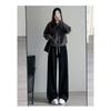 Pantalones de chándal a rayas negras para mujer, forro polar Otoño e Invierno, Novedad 2025, Rectos holgados, Petite, Casual, Pierna ancha, Joggers