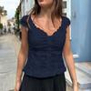 Kaikuo Cross-Border Primavera e Verão 2025 Roupas Europeias e Americanas Y2K Camiseta com Gola V e Babados Cardigã Slim Feminino Top Colete Bm