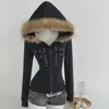 Chaqueta con Capucha y Cuello Grande de Piel Estilo Americano Cruzado Diseño de Remaches Cruzados Cardigan de Manga Larga Ajustado Versátil Otoño/Invierno
