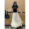 Saia midi de renda com babados cor de damasco feminina outono cintura alta modeladora estilo irregular suave estilo coreano em camadas saia longa