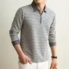Camiseta de Manga Larga Rayada con Solapa para Hombre de Lana y Seda 2026 Otoño Invierno Nueva Camiseta Térmica Cálida de Media Cremallera para Hombre
