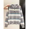 Suéter de tricô listrado com gola V e botões estilo coreano para mulheres, primavera e outono, meio botão, solto, casual, top preguiçoso