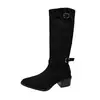 Botas Western de Cowboy Cáqui com Bico Apontado, Salto Médio Robusto, Fivela de Cinto, Botas Longas até o Joelho para Mulheres Baixas