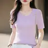 Nueva camiseta de verano de algodón 100% con cuello redondo y rayas, manga corta para mujer, top básico de punto ajustado de estilo coreano de moda para mujer
