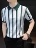 Nueva moda de verano para hombre, casual, personalidad, a rayas de moda, cuello camisero, manga corta, polo, top versátil en blanco de moda