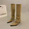 Botas largas para mujer 2026 modelo nuevo, uso bidireccional desmontable, botas largas de tacón alto, punta fina, tacón delgado, correa de cuero, botas fruncidas apiladas