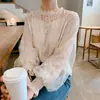 2026 Nueva Blanca Estilo Coreano Holgada Manga Larga Malla Dulce Malla Patchwork Camiseta Base Top Interior Blusa para Mujer