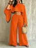 A741 Fashionable and Sexy Beach Vacation Solid Color Asymmetrical Off-Shoulder Top with Elastic Waist Pocket Pants