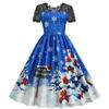 C Ropa de Mujer Transfronteriza Otoño e Invierno Europeo y Americano Navidad Venta Caliente Encaje Espalda Descubierta Manga Corta Estampado de Posicionamiento Dobladillo Amplio