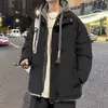 Chaqueta de Algodón con Capucha Falsa de Dos Piezas Negra para Hombre, Holgada, Engrosada, Bloque de Color Cálido, Cordón, Invierno, Moderna, Informal, Prenda Exterior Superior