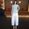 Azul Claro Novo Estilo Chinês Botão de Sapo Manga Curta Top Feminino 2026 Verão Novo Elegante Emagrecedor Conjunto Estampado