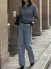 Camisa Feminina Transfronteiriça Europeia e Americana, Primavera e Outono, Gola Reversível, Listras Coloridas em Blocos, Manga Longa, Botões Frontais, Novo Estilo, Camisa Feminina Elegante de Corte Justo