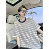Camiseta Feminina Listrada de Manga Curta Plus Size, Verão, Caimento Solto, Emagrecedora, Fina, Casual, Top Versátil