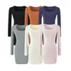 2629-26 Estilo Otoño Versión Coreana Ajustado Cuello en U Grande Ligero Curva Simple Manga Larga Bodycon Vestido Mini