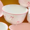Tazón de Arroz Estilo Ins con Lazo, Tazón de Cerámica con Color Bajo Esmalte, Tazón de Arroz Rosa Girly para el Hogar, Tazón de Postre, Apto para Microondas