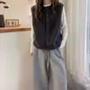 Chaleco suéter gris de cuello redondo para mujer, otoño e invierno, 100% lana, versátil para usar en capas, top tipo chaleco tejido