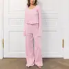 Novo conjunto de pijamas de outono e inverno estilo europeu e americano, cardigã rosa jacquard com babados, conjunto de calça comprida e manga longa, pode ser usado fora de casa