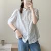 Camisa Branca de Manga Curta com Bordado Tridimensional de Flor de Ameixeira em Estilo Japonês para Mulheres, Verão Jacquard Estilo Faculdade Fresco Top Juvenil