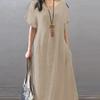 Vestido con cuello en V de comercio exterior europeo y americano 2024, de algodón y lino de Amazon, suelto, informal, de color sólido, con bolsillos, ropa de mujer