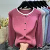 Designed Color-Blocked Sequined Round Neck Long-Sleeved Knitted Cardigan Jacket for Women, Sweater with Thick Bottoming Shirt for Women