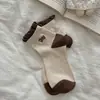 Calcetines Rayados de Dibujos Animados Lindos con Bordado de un Cachorro Juguetón, Estilo Japonés, Calcetines de Mujer Frescos y Lindos con Lazo y Borde de Burbujas
