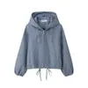 Fábrica de Ropa para Mujer Transfronteriza Venta al por Mayor 2026 Moda Estilo Casual Rayas con Capucha Cintura con Cordón Cierre de Cremallera Chaqueta Abrigo