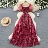 Vestido Floral Delicado Estilo Francês com Mangas Bufantes para Mulheres, Versão Coreana de Verão, Decote Quadrado, Cintura Alta, Modelo Evasê Elegante em Camadas, Emagrecedor