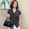 Camisa de Manga Corta de Moda para Mujer 2025 Verano Nuevo Estilo Estilo Extranjero Look Adelgazante de Cintura Cuello en V Camisa Top con Cordones Estampada