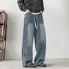 Jeans para hombre personalizados de moda para la calle, corte deconstruido, ajuste holgado, adelgazantes, pantalones largos casuales retro simples europeos, azul y negro