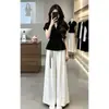 Conjunto de Ropa Súper Elegante Estilo Coreano 2026 Nuevo Conjunto de Dos Piezas para Mujer Verano Camiseta Negra de Manga Corta Pantalones Anchos