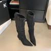 Botas Altas de Tacón Alto Estilo Francés con Punta para Mujer, Otoño e Invierno 2025, Botas de Montar Altas Arrugadas con Hebilla de Cinturón