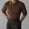 Primavera y Otoño para Hombre Versátil Color Sólido Hilo Elástico Cuello Solapa Jersey Delgado Polo Camiseta de Manga Larga Tejida de Moda para Hombre