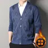 Estilo Nuevo Otoño e Invierno Cardigan de Punto Forrado de Felpa para Hombres de Mediana Edad y Mayores Chaqueta de Punto Cuello en V Tejido Jacquard de Papá para Hombres