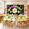 Montaje de escena de cumpleaños con globos de papel de aluminio de colores dopamina, margaritas, girasoles, globos de cara sonriente, set de decoración completo
