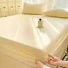 Juego de Sábana Bajera de Algodón Lavado, Protector de Colchón a Rayas y Cuadros Estilo Japonés de Tres Piezas, Cubre Cama Liso de Cobertura Total de Color Sólido