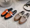 Mules de couro planas Aimaishi, chinelos com ferragens de fivela Kelly de aço puro, sapatos femininos de couro color block em couro genuíno