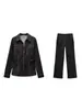 Chaqueta Camisa de Manga Larga Decorada de Gama Alta con Bolsillos, de un Solo Botón, Cuello en V, Plisada, Corte Entallado, Pantalones Casuales Traje de Mezclilla para Mujer