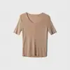 Camiseta de Manga Corta de Punto de Tencel con Cuello en U, Seda, Verano, Ajuste Delgado, Transpirable, Top Básico para Mujer, Lyocell, Morera