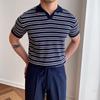 Verão Transfronteiriço Nova Camisa Polo Listrada de Seda Gelada com Decote V Masculina de Manga Curta Tendência Versátil Simples Moda Camiseta com Gola Polo Masculina