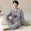 Atacado Novidades Jacquard Tricotado Algodão Manga Longa Calça Longa Pijama Masculino Outono Conjunto de Duas Peças Transmissão Ao Vivo Transfronteiriço Masculino Casa