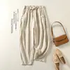Pantalones cropped de algodón y lino, corte holgado, nuevo estilo primavera/verano, tela fina, tiro alto, diseño retro con botones decorativos y cordones, cintura elástica, pantalones tipo harén casuales para mujer