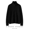 Suéter de cashmere grosso de sete agulhas para mulheres, com zíper parcial, gola alta, mangas compridas, design de puxar, em cor sólida com padrão de trança e corte solto
